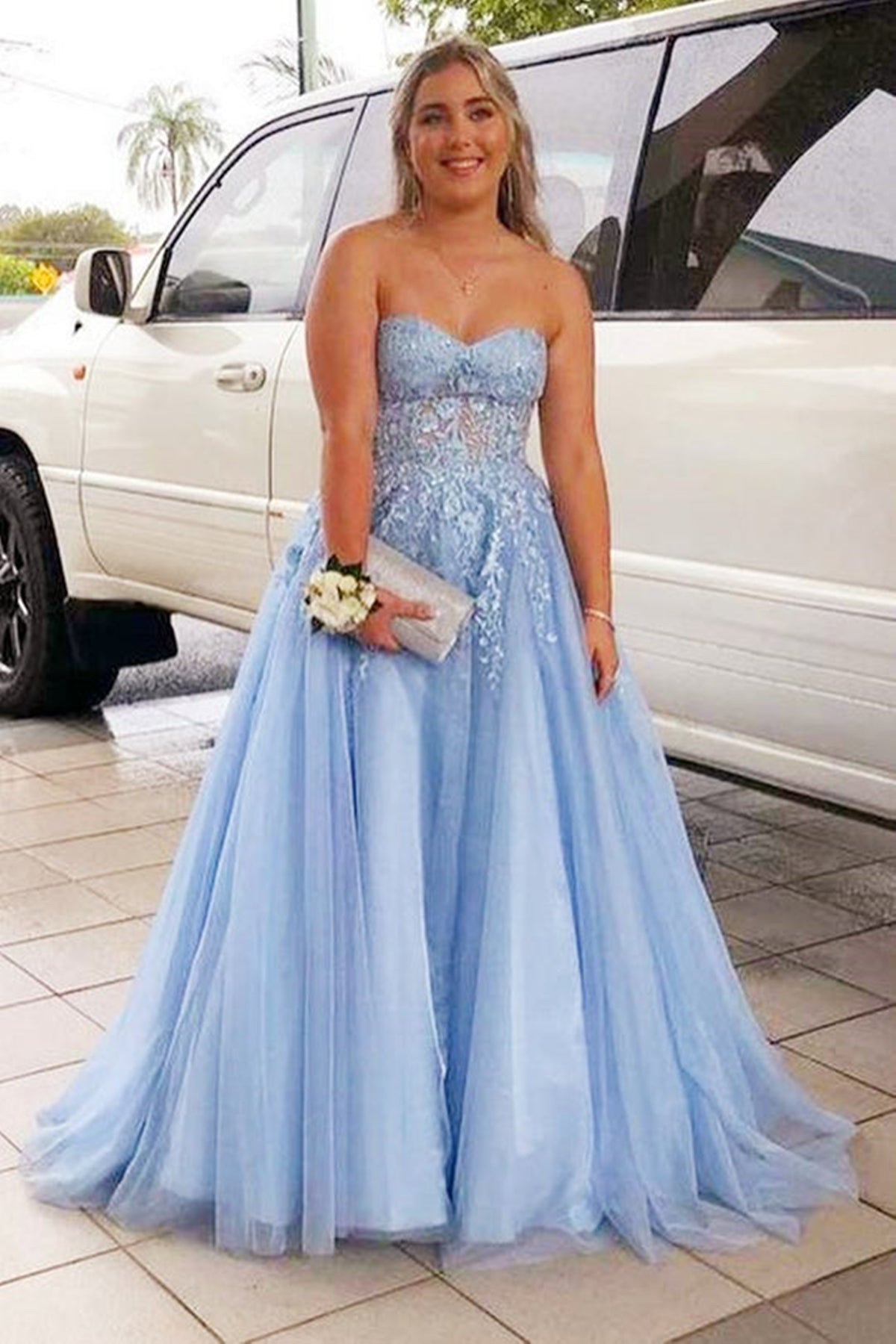 Light Blue Tulle Sweetheart Neck Strapless Lace Long Prom Dresses, Light Blue Lace Formal Graduation Evening Dresses WT1117