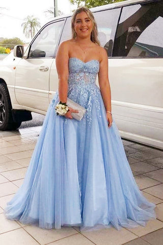 Light Blue Tulle Sweetheart Neck Strapless Lace Long Prom Dresses, Light Blue Lace Formal Graduation Evening Dresses WT1117