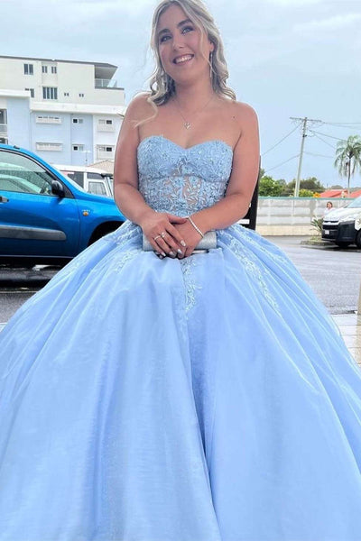 Light Blue Tulle Sweetheart Neck Strapless Lace Long Prom Dresses, Light Blue Lace Formal Graduation Evening Dresses WT1117