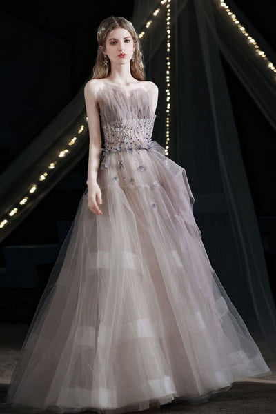 Light Champagne Tulle Long Prom Dresses with Sequins, Long Champagne Formal Evening Dresses