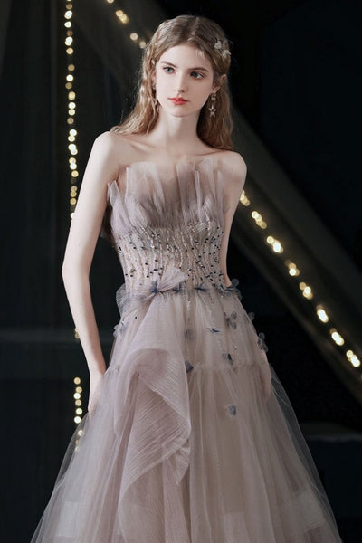 Light Champagne Tulle Long Prom Dresses with Sequins, Long Champagne Formal Evening Dresses