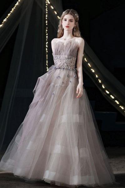Light Champagne Tulle Long Prom Dresses with Sequins, Long Champagne Formal Evening Dresses