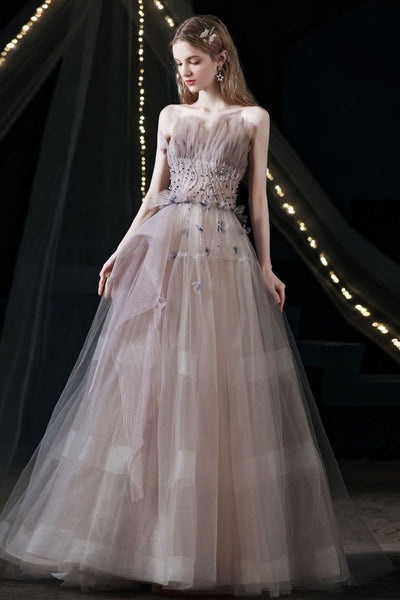 Light Champagne Tulle Long Prom Dresses with Sequins, Long Champagne Formal Evening Dresses