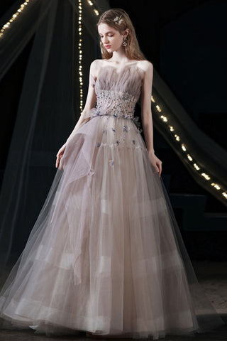 Light Champagne Tulle Long Prom Dresses with Sequins, Long Champagne Formal Evening Dresses