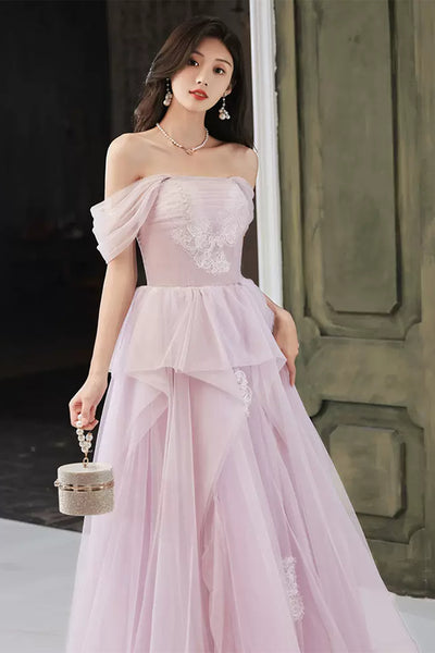 Light Purple Tulle Off Shoulder Lace Long Prom Dresses, Purple Lace Formal Dresses, Lilac Evening Dresses WT1084