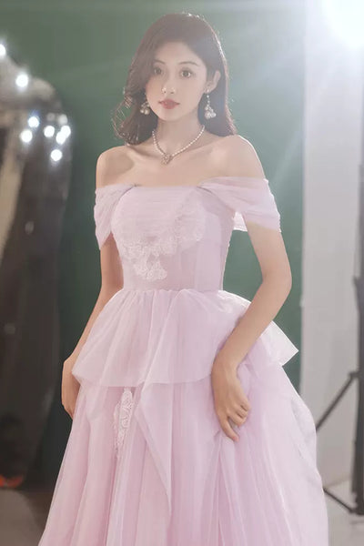 Light Purple Tulle Off Shoulder Lace Long Prom Dresses, Purple Lace Formal Dresses, Lilac Evening Dresses WT1084