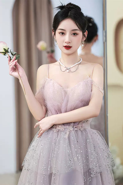 Light Purple Tulle V Neck Long Prom Dresses with Belt, Light Purple Formal Dresses, Evening Dresses WT1192