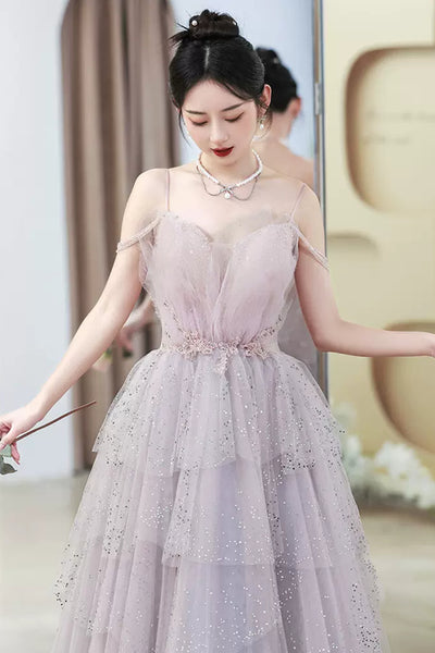 Light Purple Tulle V Neck Long Prom Dresses with Belt, Light Purple Formal Dresses, Evening Dresses WT1192