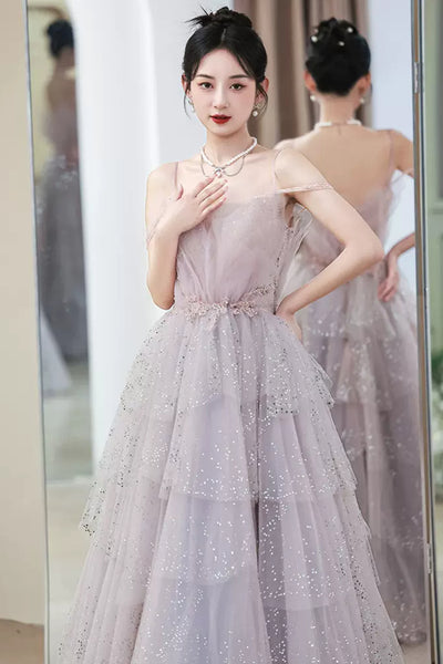 Light Purple Tulle V Neck Long Prom Dresses with Belt, Light Purple Formal Dresses, Evening Dresses WT1192