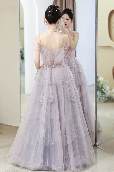 Light Purple Tulle V Neck Long Prom Dresses with Belt, Light Purple Formal Dresses, Evening Dresses WT1192