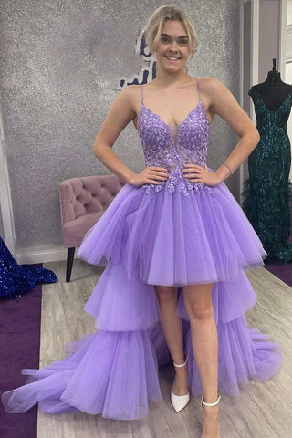 Lilac Tulle V Neck High Low Layered Lace Long Prom Dresses, Purple Lace Formal Evening Dresses, Ball Gown WT1168