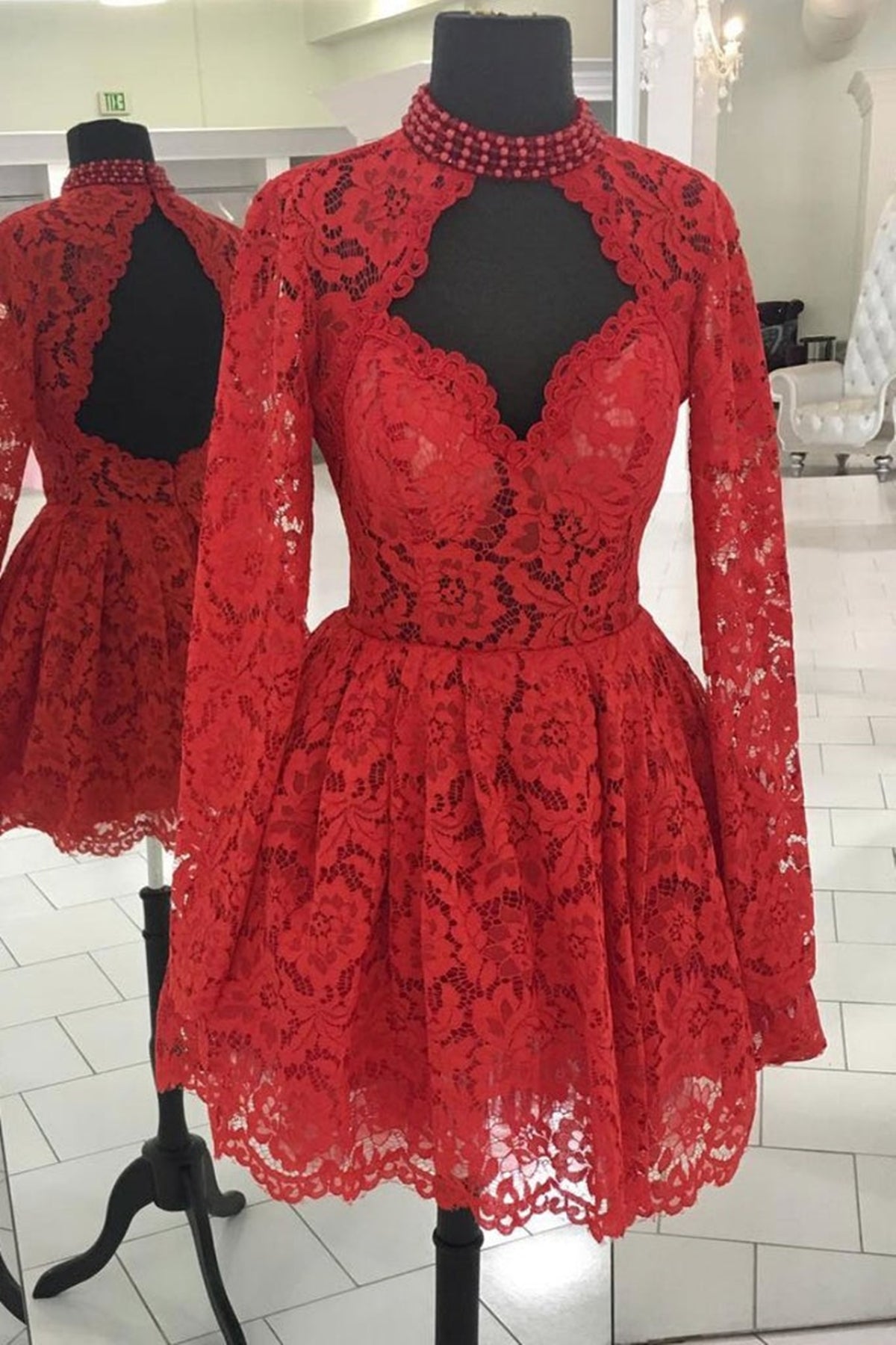 Long Sleeve High Neck Red Lace Short Prom Dresses, Red Lace Homecoming Dresses, Short Red Formal Evening Dresses