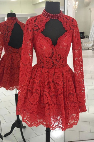 Long Sleeve High Neck Red Lace Short Prom Dresses, Red Lace Homecoming Dresses, Short Red Formal Evening Dresses