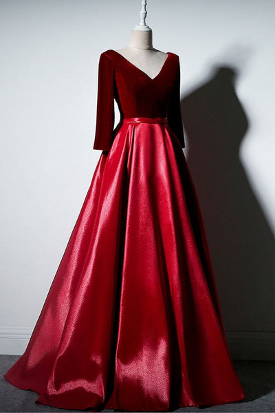 Long Sleeve V Neck Burgundy Velvet Prom Dresses, V Neck Burgundy Formal Dresses, Long Burgundy Evening Dresses