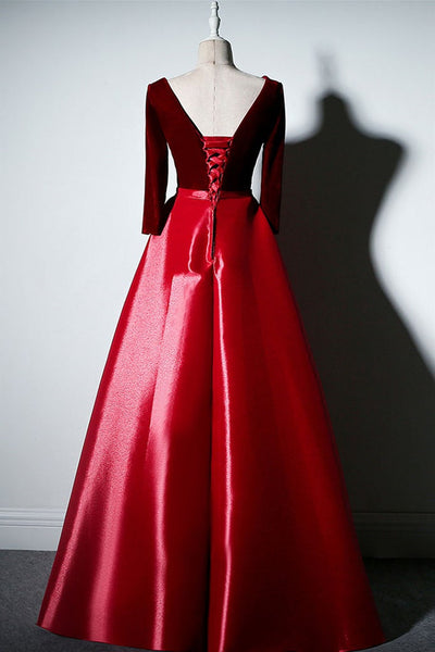 Long Sleeve V Neck Burgundy Velvet Prom Dresses, V Neck Burgundy Formal Dresses, Long Burgundy Evening Dresses