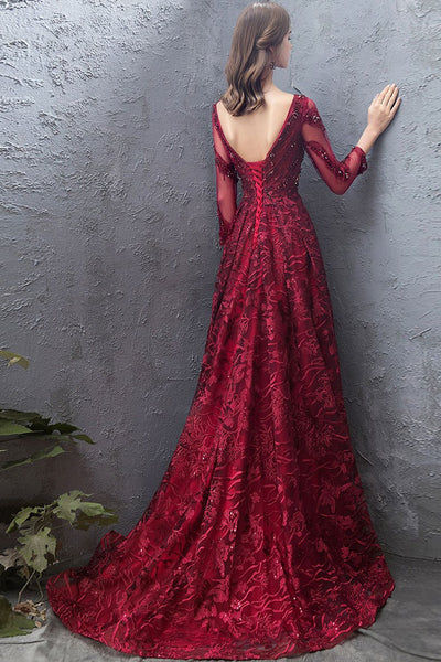 Long Sleeves Beaded Burgundy Lace Long Prom Dresses, Burgundy Lace Formal Dresses, Burgundy Evening Dresses