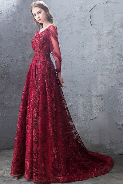 Long Sleeves Beaded Burgundy Lace Long Prom Dresses, Burgundy Lace Formal Dresses, Burgundy Evening Dresses