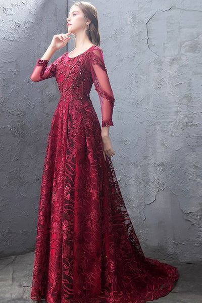 Long Sleeves Beaded Burgundy Lace Long Prom Dresses, Burgundy Lace Formal Dresses, Burgundy Evening Dresses