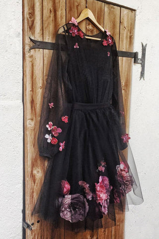 Long Sleeves Black Floral Short Prom Homecoming Dresses, Round Neck Black Formal Graduation Evening Dresses with 3D Flowers