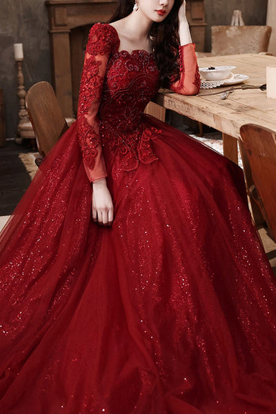Long Sleeves Burgundy Lace Long Prom Dresses, Burgundy Lace Formal Dresses, Burgundy Evening Dresses