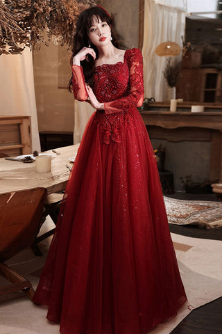 Long Sleeves Burgundy Lace Long Prom Dresses, Burgundy Lace Formal Dresses, Burgundy Evening Dresses