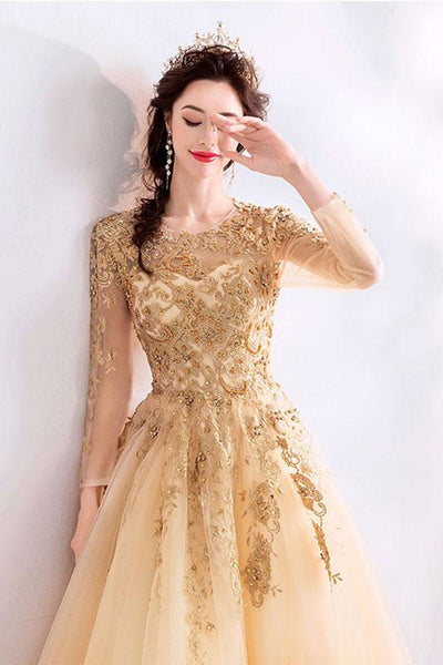 Long Sleeves Champagne Lace Beaded Prom Dresses, Long Champagne Lace Formal Dresses, Champagne Evening Dresses