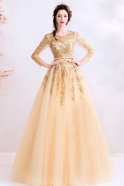 Long Sleeves Champagne Lace Beaded Prom Dresses, Long Champagne Lace Formal Dresses, Champagne Evening Dresses