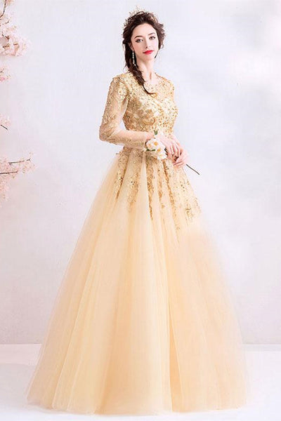 Long Sleeves Champagne Lace Beaded Prom Dresses, Long Champagne Lace Formal Dresses, Champagne Evening Dresses