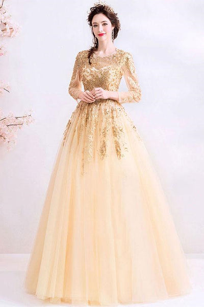 Long Sleeves Champagne Lace Beaded Prom Dresses, Long Champagne Lace Formal Dresses, Champagne Evening Dresses