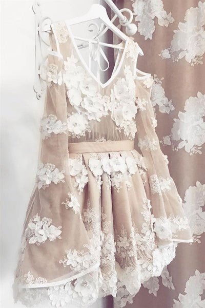 Long Sleeves Champagne Lace Short Prom Dresses, Champagne Lace Homecoming Dresses, Champagne Formal Evening Dresses