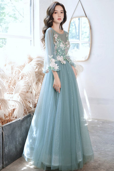 Long Sleeves Green Tulle Long Prom Dresses with Appliques, Long Sleeves Green Formal Dresses, Long Green Evening Dresses