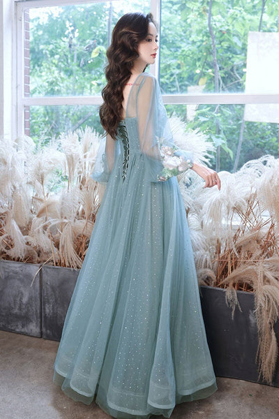 Long Sleeves Green Tulle Long Prom Dresses with Appliques, Long Sleeves Green Formal Dresses, Long Green Evening Dresses