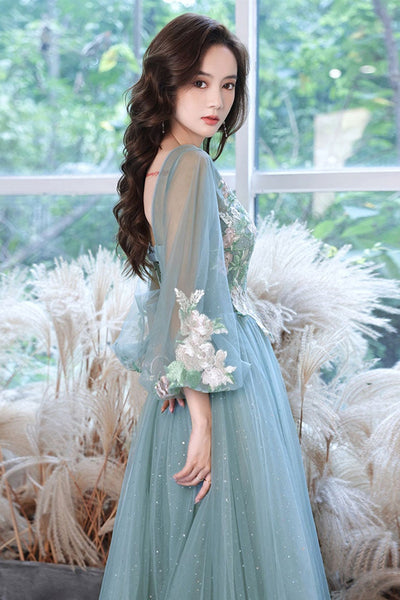 Long Sleeves Green Tulle Long Prom Dresses with Appliques, Long Sleeves Green Formal Dresses, Long Green Evening Dresses