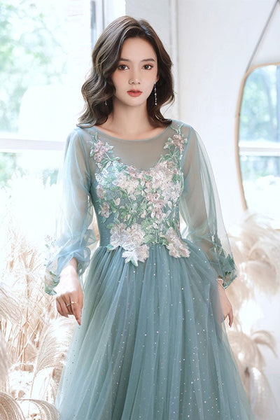 Long Sleeves Green Tulle Long Prom Dresses with Appliques, Long Sleeves Green Formal Dresses, Long Green Evening Dresses