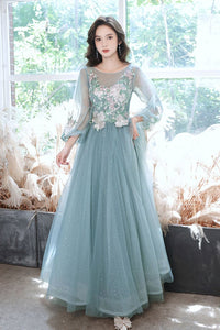 Long Sleeves Green Tulle Long Prom Dresses with Appliques, Long Sleeves Green Formal Dresses, Long Green Evening Dresses