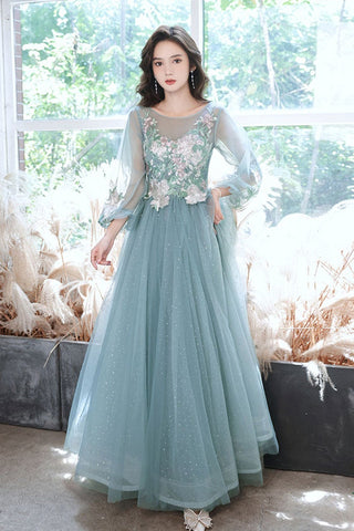 Long Sleeves Green Tulle Long Prom Dresses with Appliques, Long Sleeves Green Formal Dresses, Long Green Evening Dresses