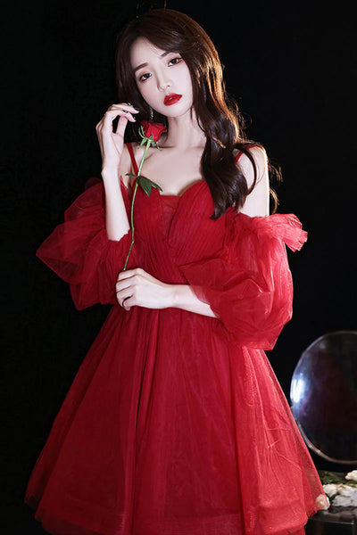 Long Sleeves Short Burgundy Tulle Prom Dresses, Short Burgundy Tulle Formal Homecoming Dresses