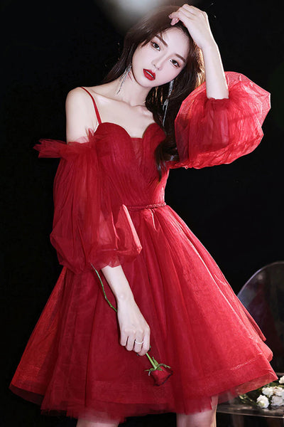 Long Sleeves Short Burgundy Tulle Prom Dresses, Short Burgundy Tulle Formal Homecoming Dresses