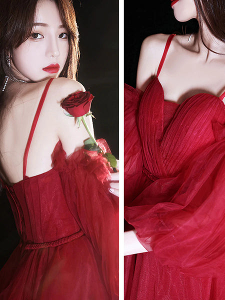 Long Sleeves Short Burgundy Tulle Prom Dresses, Short Burgundy Tulle Formal Homecoming Dresses