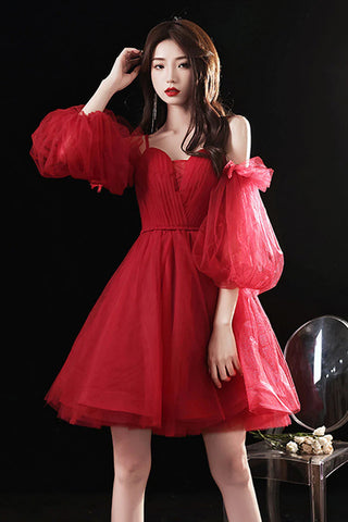 Long Sleeves Short Burgundy Tulle Prom Dresses, Short Burgundy Tulle Formal Homecoming Dresses