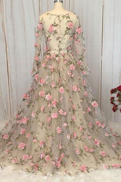 Long Sleeves V Neck Floral Long Prom Dresses, Long Sleeves Formal Evening Dresses with Flowers