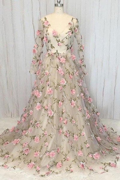 Long Sleeves V Neck Floral Long Prom Dresses, Long Sleeves Formal Evening Dresses with Flowers