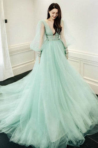 Long Sleeves V Neck Mint Green Tulle Long Prom Dresses, Long Sleeves Green Formal Dresses, Mint Green Evening Dresses