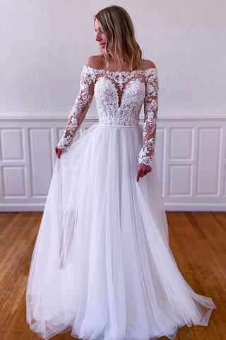 Long Sleeves White Lace Long Prom Dresses, Long Sleeves White Wedding Dresses, White lace Formal Evening Dresses