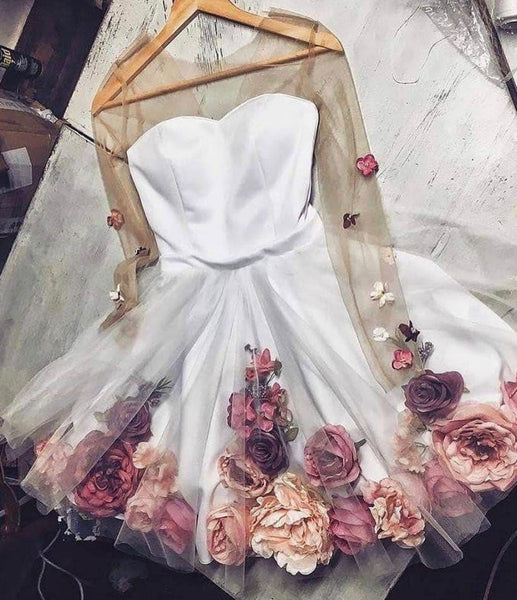 Long Sleeves White Short Prom Homecoming Dresses with 3D Flowers, White Floral Short Formal Graduation Evening Dresses