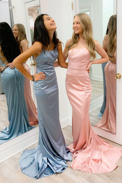 Mermaid Backless Blue/Pink Satin Long Prom Dresses, Mermaid Blue/Pink Formal Graduation Evening Dresses