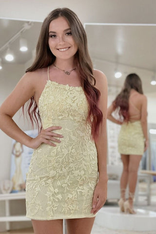 Mermaid Backless Yellow Lace Short Prom Homecoming Dresses, Mermaid Yellow Formal Dresses, Yellow Lace Evening Dresses