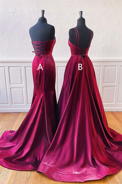 Mermaid Burgundy Satin Long Prom Dresses, V Neck Burgundy Formal Dresses, Burgundy Evening Dresses