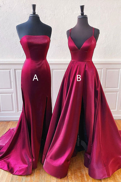 Mermaid Burgundy Satin Long Prom Dresses, V Neck Burgundy Formal Dresses, Burgundy Evening Dresses