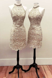 Mermaid Champagne Lace Short Prom Homecoming Dresses, Champagne Lace Formal Dresses, Mermaid Champagne Evening Dresses